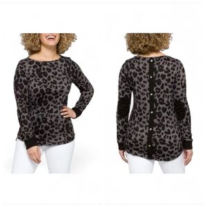 Pink Clover Abby Button Back Knit  Black and Gray Leopard Print Sweater Size XS